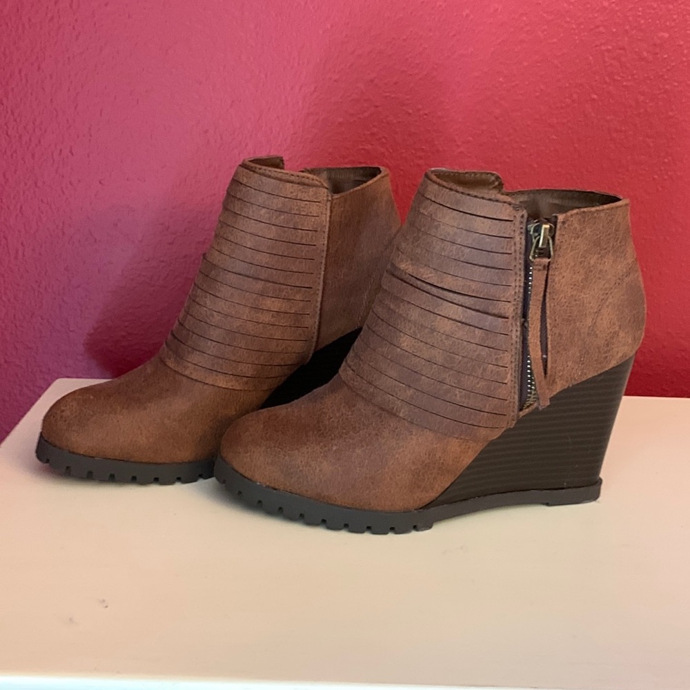 Brown wedge booties
